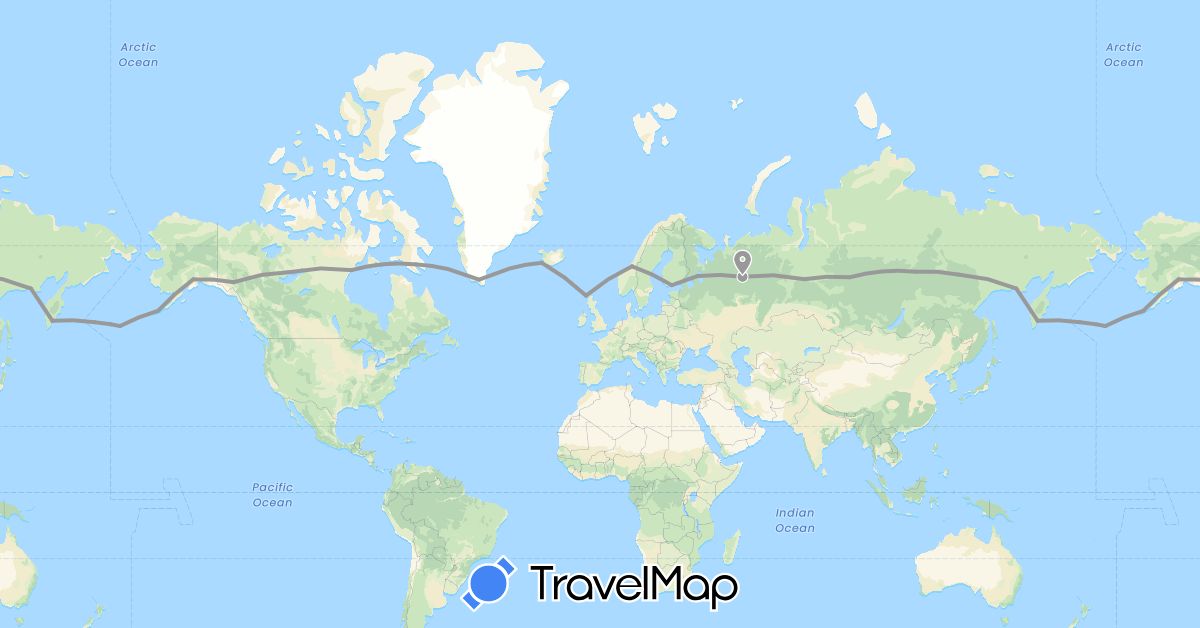 TravelMap itinerary: driving, plane in Canada, Finland, United Kingdom, Greenland, Iceland, Norway, Russia, United States (Europe, North America)