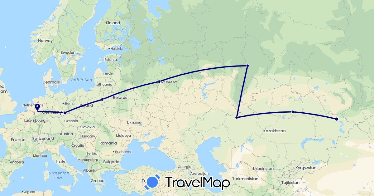 TravelMap itinerary: driving in Germany, Kazakhstan, Poland, Russia (Asia, Europe)